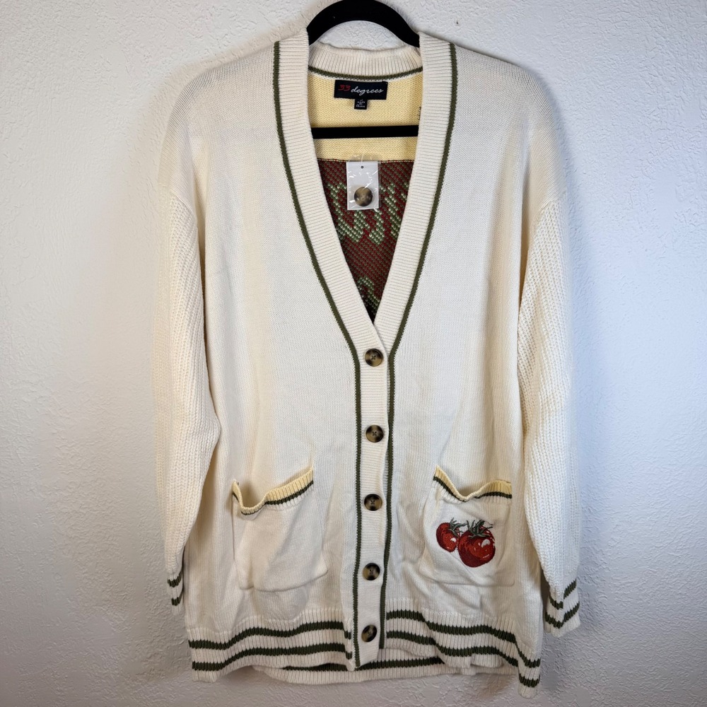 33 Degrees Women L Cream Tomato Graphic Knit Cardigan Sweater Farmhouse Cottage